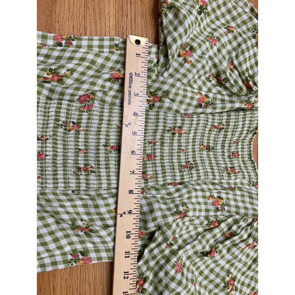 Reformation Green Gingham Floral Smocked Puff Sleeve Top Size 6 Sweetheart Neck